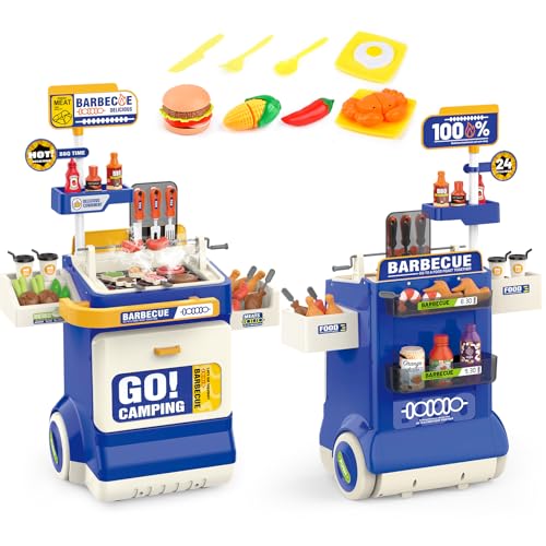 Kinder BBQ Grill Spielzeug, Küche Spielzeug Set, Realistische Rauch BBQ Grill Spielset mit Spielzeug Küche Zubehör, Schneidespielzeug,Soundeffekte Kinder Küchenset Geschenke Für Kinder (Blau) von Fegalop