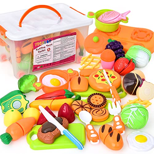 Fegalop Lebensmittel Spielzeug, 40 Stück Obst Gemüse Lebensmittel Schneiden Spielzeug, Rollenspiel Spielküche Zubehör, Essen Spielen Set für Kinder, Pädagogisches Geschenk Mädchen Jungen ab 3 Jahre von Fegalop