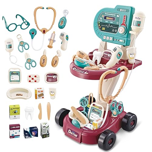 Fegalop Medizinisches Spielzeug, 24PCS Doktor Spielzeug Set für Jungen & Mädchen Mobile Cart mit Lichtern, Eye Chart, Thermometer, Stethoskop, Puls Maschine, großes Geschenk für Kleinkinder von Fegalop