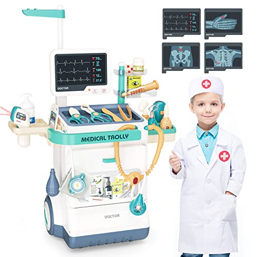 Fegalop Medizinisches Spielzeug Doktor Spielzeug Set für Jungen & Mädchen Mobile Cart mit Lichtern, Eye Chart, Thermometer, Stethoskop, Puls Maschine, großes Geschenk für Kleinkinder (28PCS) von Fegalop