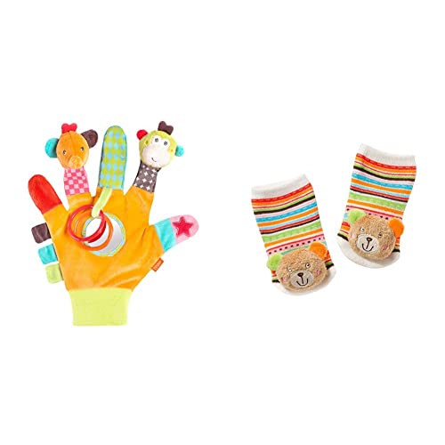 Fehn Spielhandschuh Safari – Fingerpuppen Baby Spielzeug AFFE und Elefant & Fehn 091519 Rasselsöckchen Teddy/Activity-Babysöckchen mit niedlichen Tier-Köpfchen, für Babys von 0-12 Monaten von Fehn