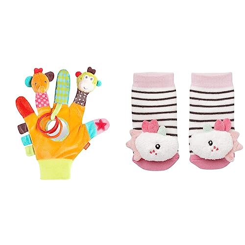 Fehn Spielhandschuh Safari – Fingerpuppen Baby Spielzeug AFFE und Elefant & Rasselsocken Baby Einhorn – Babysocken mit Rassel-Funktion und Einhorn-Köpfchen – Fördern Motorik & Sinne von Fehn