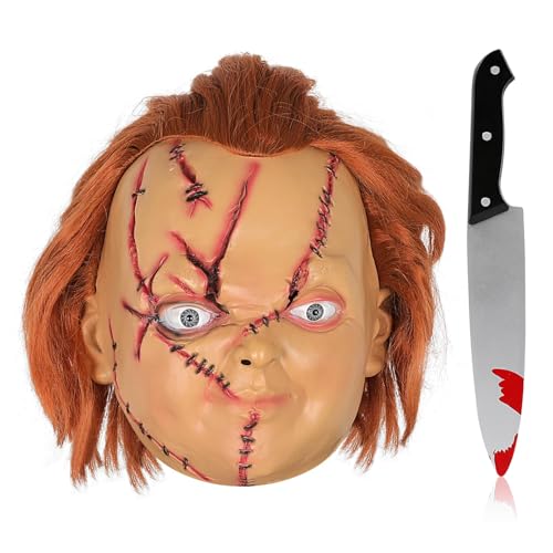 Fehodun Chucky Maske mit Haaren und Messer Gruselige Chucky Vollkopf Maske Halloween Tötungs Maske Realistische Cosplay Maske für Erwachsene und Kinder Fehodun Chucky Maske mit Haaren und Messer Gruselige Chucky Vollkopf Maske Halloween Tötungs Maske Realistische Cosplay Maske für Erwachsene und Kinder von Fehodun