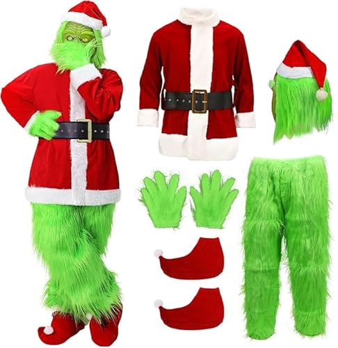 Fehodun Grinch Weihnachtskostüm,Grünes großes Monster Kostüm für Erwachsene 7er Cosplay Requisiten Weihnachten Grinch Kostüm (2XL) von Fehodun