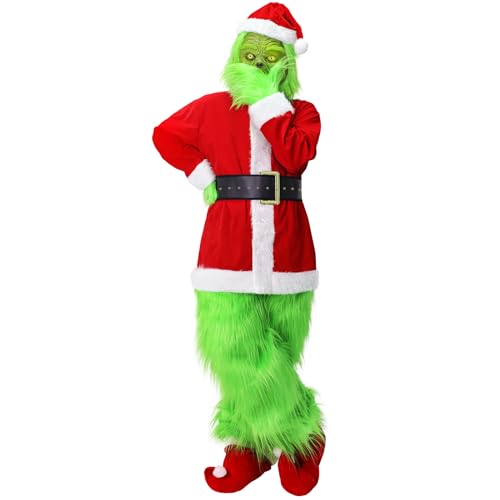 Fehodun Grinch Weihnachtskostüm,Grünes großes Monster Kostüm für Erwachsene 7er Cosplay Requisiten Weihnachten Grinch Kostüm (XL) von Fehodun