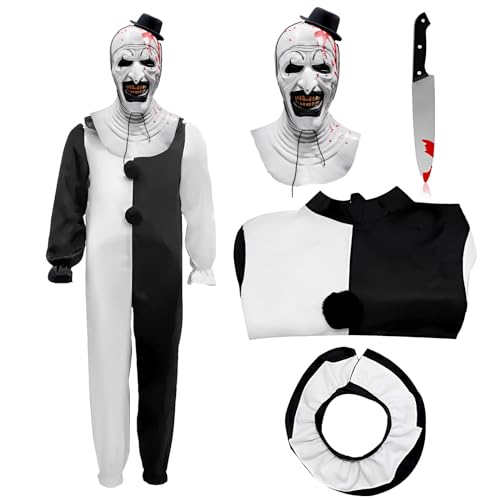 Fehodun Kinder Art The Clown Kostüm Terrifier Killer Clown Kostüm mit Maske und Messer Schreckgespenst Kostüm Weiß Schwarz Jumpsuit Bodysuit Halloween Grusel Outfit Fehodun Kinder Art The Clown Kostüm Terrifier Killer Clown Kostüm mit Maske und Messer Schreckgespenst Kostüm Weiß Schwarz Jumpsuit Bodysuit Halloween Grusel Outfit von Fehodun