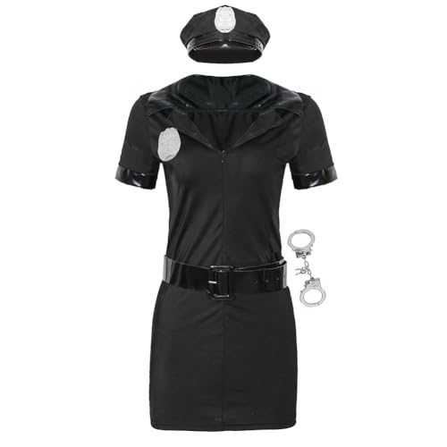 Fehploh Damen Cop Officer Body V-Ausschnitt Erotik Cop Cosplay Outfit Kurzarm Polizist Rollenspiel Kostüm Reißverschluss Damen Karneval Party Clubwear Kostüm (L Schwarz) von Fehploh