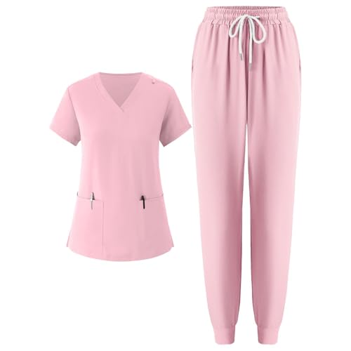 Angebot Des Tages Blitzangebot, Krankenschwester Kostüm Medizinische Berufsbekleidung Medizinische Arbeitskleidung Damen Herren Einfarbige Krankenschwester Uniform Arbeitskleidung (Rosa,XXL) von FeiBeauty