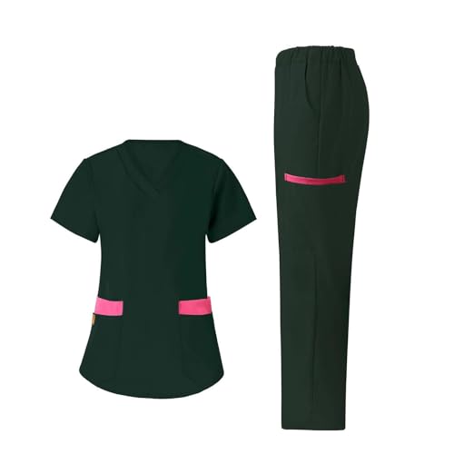 Angebote Des Tages Heute Deal, Krankenschwester Kostüm Arbeitskleidung Damen Farbblock Medizinische Arbeitskleidung Damen Herren Pflege Kasacks Kasackhose Set Arbeitskleidung (Dark Green,XXL) von FeiBeauty