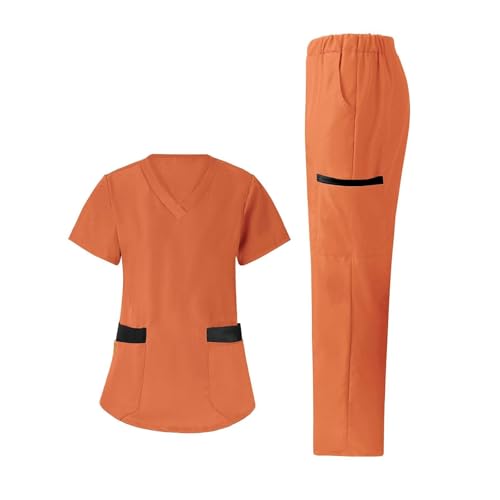 FeiBeauty Meine Bestellung Anzeigen, Krankenschwester Kostüm Schlupfkasack Damen Farbblock Medizinische Arbeitskleidung Damen Herren Pflege Kasacks Kasackhose Set Pflege Kleidung Herren (Saffron,S) von FeiBeauty