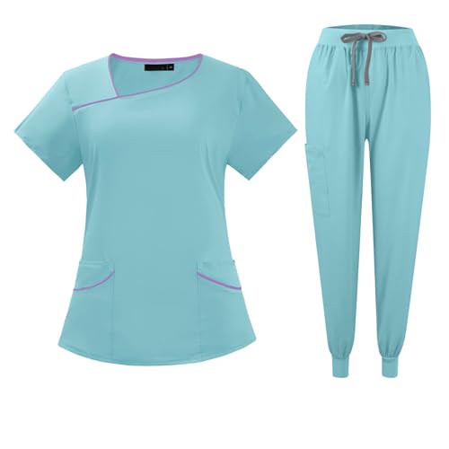 Meine Bestellungen, Krankenschwester Kostüm Schlupfkasack Damen Einfarbige V-Ausschnitt Kurzarm Oberteil Mit Hose Krankenschwester Set Pflege Kleidung Herren Laborkittel Damen(Light Blue,XXL) von FeiBeauty