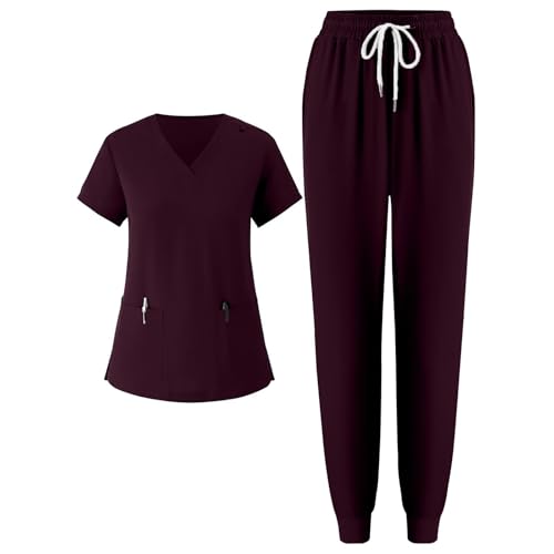 Warehouse Deal Retourenware, Krankenschwester Kostüm Kasack Pflege Damen Medizinische Arbeitskleidung Damen Herren Einfarbige Krankenschwester Uniform Pflege Kleidung Herren Weisse (Wein,XL) von FeiBeauty
