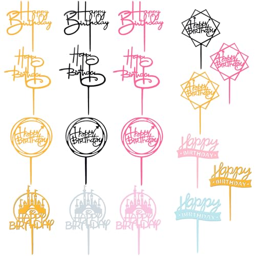 18 Stück Happy Birthday Tortendeko, Cake Topper Geburtstag, Wiederverwendbarcake Acryl Tortendeko Geburtstag, Verschiedene Formen Acryl Glitter für Mädchen, Kinder, Hochzeit(Gemischter) von FeiOne