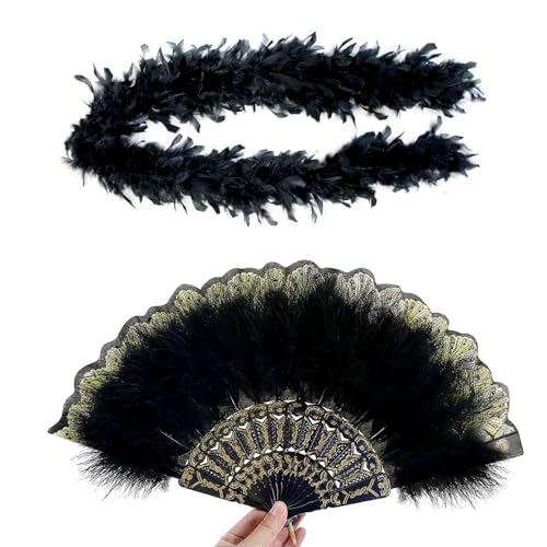 2er-Pack Damen-FederfäCher + Federstreifen, Federboa Schwarz, Federboa, Federboa Schwarz, 20s Vintage Style Folding Handheld Feather Fan, Retro HandfäCher Damen Gatsby KostüM Flapper ZubehöR von FeiOne