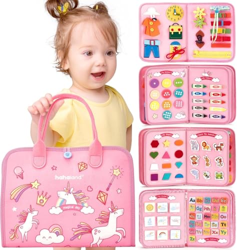 Montessori Busy Board, Activity Board ab 1 Jahr, Busy Board 2 Jahre, Motorikspielzeug für Kleinkinder, Pinkes 8-Seiten-Lernspielzeug für Reise, Auto, Flugzeug und Zuhause, 48 cm × 28 cm von FeiOne