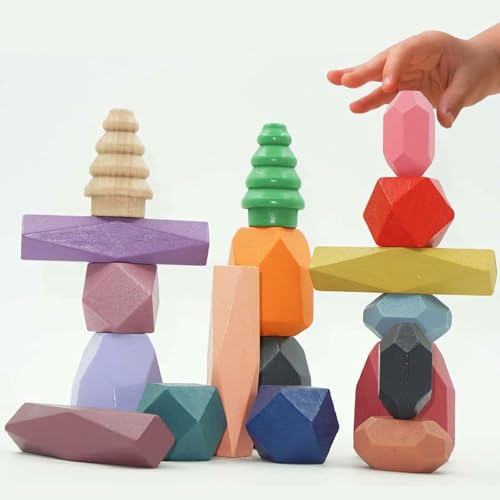 18 Stück Grimms Holzspielzeug, Stapelsteine Balanciersteine Montessori Holz Bauklötze Spielzeug, aus Buchen-Holz, Kinder Balance Steine Spiel Blöcke Geeignet für Baby ab 3 4 5 6 7 8 Jahr von FeiOne