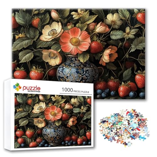 Puzzle Blume Puzzle 1000 Teile Erdbeere, Herausforderung Impossible Jigsaw, Erwachsene Wooden Jigsaw Spielzeug, Puzzlespiele für Die Ganze Familie Stressabbau, Geschenk für Frauen 75 x 50 cm N-2 von FeiPride