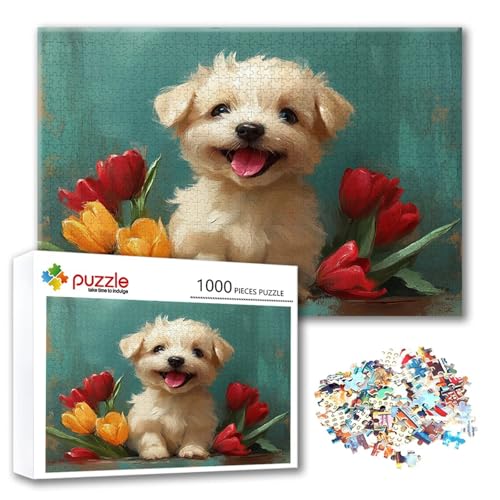 Puzzle Blume Puzzle 1000 Teile Hund, Herausforderung Impossible Jigsaw, Erwachsene Wooden Jigsaw Spielzeug, Puzzlespiele für Die Ganze Familie Stressabbau, Geschenk für Frauen Männer 75 x 50 cm G-0 von FeiPride