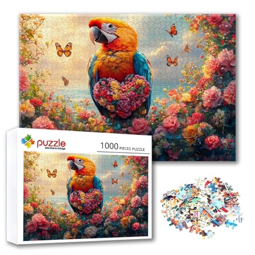 Puzzle Blume Puzzle 1000 Teile Papagei, Herausforderung Impossible Jigsaw, Erwachsene Wooden Jigsaw Spielzeug, Puzzlespiele für Die Ganze Familie Stressabbau, Geschenk für Frauen Männer 75 x 50 cm T-1 von FeiPride