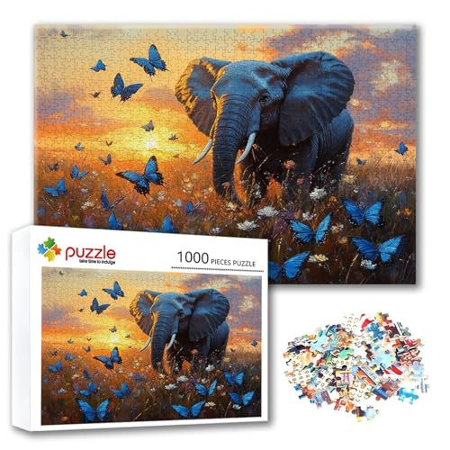 Puzzle Elefant Puzzle 1000 Teile Schmetterling, Herausforderung Impossible Jigsaw, Erwachsene Wooden Jigsaw, Puzzlespiele für Die Ganze Familie Stressabbau, Geschenk für Frauen Männer 75 x 50 cm Z-2 von FeiPride