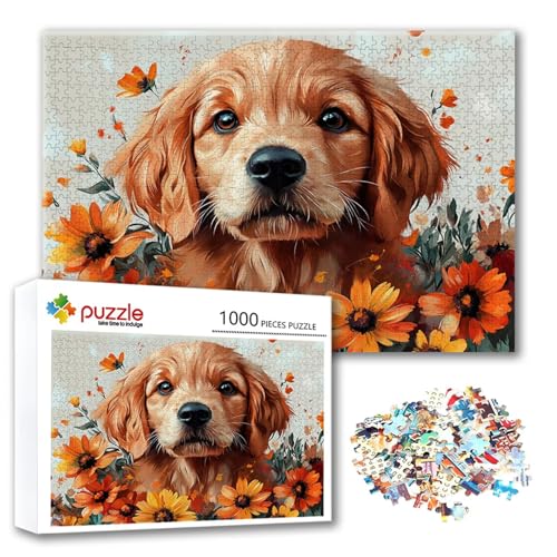 Puzzle Hund Puzzle 1000 Teile Blume, Herausforderung Impossible Jigsaw, Erwachsene Wooden Jigsaw Spielzeug, Puzzlespiele für Die Ganze Familie Stressabbau, Geschenk für Frauen Männer 75 x 50 cm O-2 von FeiPride