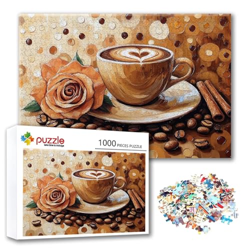 Puzzle Kaffee Puzzle 300 Teile Blume, Herausforderung Impossible Jigsaw, Erwachsene Wooden Jigsaw Spielzeug, Puzzlespiele für Die Ganze Familie Stressabbau, Geschenk für Frauen Männer 40 x 28 cm F-1 von FeiPride