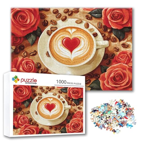 Puzzle Kaffee Puzzle 300 Teile Rose, Herausforderung Impossible Jigsaw, Erwachsene Wooden Jigsaw Spielzeug, Puzzlespiele für Die Ganze Familie Stressabbau, Geschenk für Frauen Männer 40 x 28 cm G-7 von FeiPride