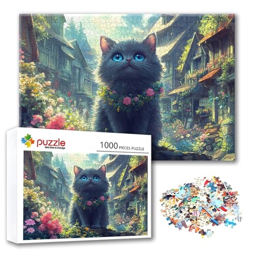 Puzzle Katze Puzzle 1000 Teile Blume, Herausforderung Impossible Jigsaw, Erwachsene Wooden Jigsaw Spielzeug, Puzzlespiele für Die Ganze Familie Stressabbau, Geschenk für Frauen Männer 75 x 50 cm U-2 von FeiPride