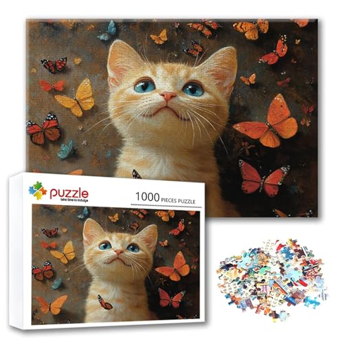 Puzzle Katze Puzzle 1000 Teile Schmetterling, Herausforderung Impossible Jigsaw, Erwachsene Wooden Jigsaw, Puzzlespiele für Die Ganze Familie Stressabbau, Geschenk für Frauen Männer 75 x 50 cm M-8 von FeiPride
