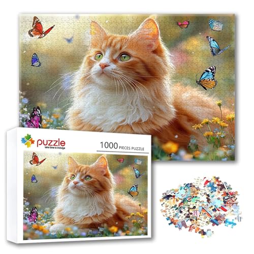 Puzzle Katze Puzzle 1000 Teile Schmetterling, Herausforderung Impossible Jigsaw, Erwachsene Wooden Jigsaw, Puzzlespiele für Die Ganze Familie Stressabbau, Geschenk für Frauen Männer 75 x 50 cm X-2 von FeiPride