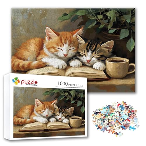 Puzzle Katze Puzzle 1000 Teile Tier, Herausforderung Impossible Jigsaw, Erwachsene Wooden Jigsaw Spielzeug, Puzzlespiele für Die Ganze Familie Stressabbau, Geschenk für Frauen Männer 75 x 50 cm B-6 von FeiPride
