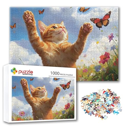 Puzzle Katze Puzzle 300 Teile Schmetterling, Herausforderung Impossible Jigsaw, Erwachsene Wooden Jigsaw, Puzzlespiele für Die Ganze Familie Stressabbau, Geschenk für Frauen Männer 40 x 28 cm P-7 von FeiPride