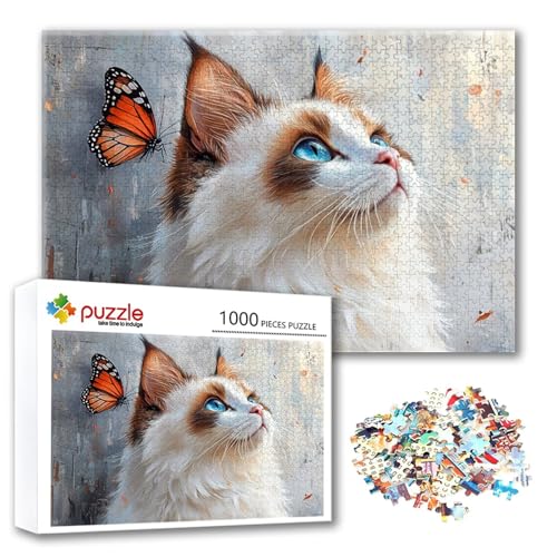 Puzzle Katze Puzzle 500 Teile Schmetterling, Herausforderung Impossible Jigsaw, Erwachsene Wooden Jigsaw, Puzzlespiele für Die Ganze Familie Stressabbau, Geschenk für Frauen Männer 52 x 38 cm N-2 von FeiPride