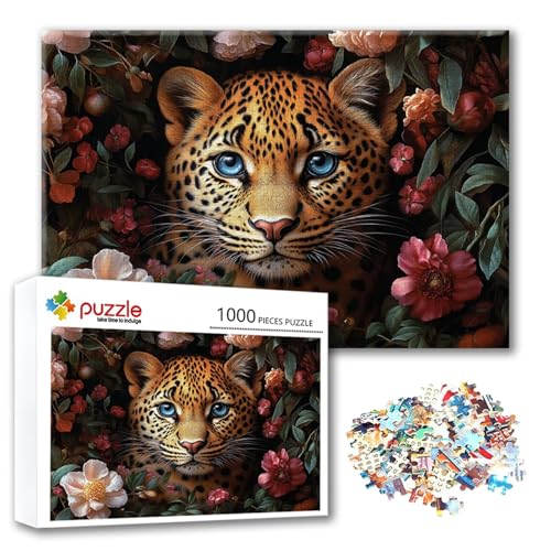 Puzzle Leopard Puzzle 500 Teile Blume, Herausforderung Impossible Jigsaw, Erwachsene Wooden Jigsaw Spielzeug, Puzzlespiele für Die Ganze Familie Stressabbau, Geschenk für Frauen Männer 52 x 38 cm Y-0 von FeiPride
