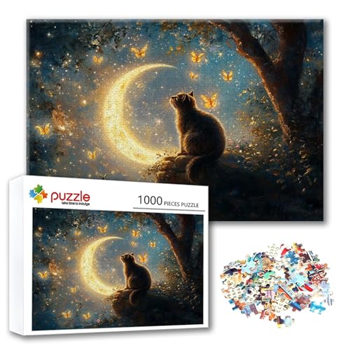 Puzzle Mond Puzzle 1000 Teile Katze, Herausforderung Impossible Jigsaw, Erwachsene Wooden Jigsaw Spielzeug, Puzzlespiele für Die Ganze Familie Stressabbau, Geschenk für Frauen Männer 75 x 50 cm D-0 von FeiPride