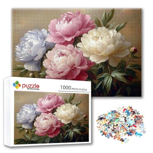 Puzzle Pfingstrose Puzzle 1000 Teile Blume, Herausforderung Impossible Jigsaw, Erwachsene Wooden Jigsaw, Puzzlespiele für Die Ganze Familie Stressabbau, Geschenk für Frauen Männer 75 x 50 cm H-2 von FeiPride