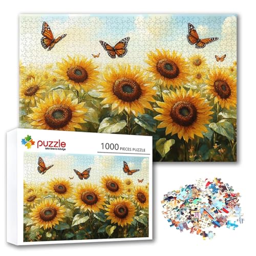 Puzzle Schmetterling Puzzle 1000 Teile Sonnenblume, Herausforderung Impossible Jigsaw, Erwachsene Wooden Jigsaw, Puzzlespiele für Die Ganze Familie Stressabbau, Geschenk für Frauen 75 x 50 cm N-4 von FeiPride