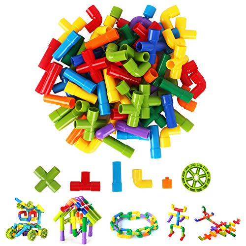 FeiWen Spielzeug für Jungen und Mädchen, röhrenförmige Rohre, Puzzle, zusammensteckbare Blöcke, Konstruktionsspielzeug mit Rädern, für Kinder, mehrfarbig, 144 Stück von FeiWen