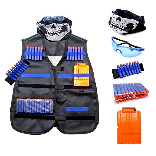 FeiWen Taktische Weste Pack für Kinder, Soft Bullet Gun Taktische Weste Kit mit Darts, Brille, schnell nachladen Clips, Maske und Armbände (1) von FeiWen