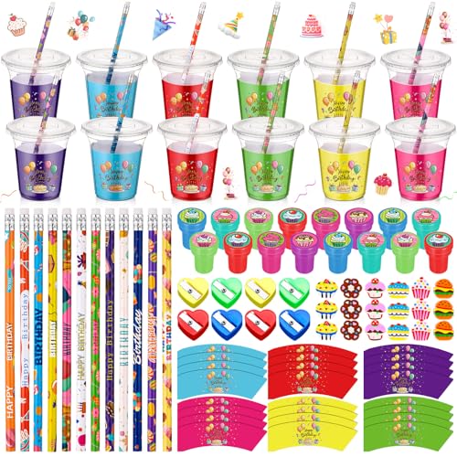 Feifeiya 144 Stück Happy Birthday Party Favors Geburtstag Austausch Geschenke Bleistifte Radiergummis Stempel Spitzer Becher für Goodie Bag Stuffers von Feifeiya