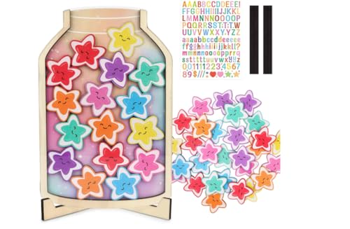 Belohnungsglas für Kinder mit 28 Sternen,Belohnungsglas Klassenzimmer,töpfchentraining Belohnungssystem Klassenzimmer Belohnungsgläser für Gutes Benehmen Reward Jar mit Holzhalter (Bunt) von Feirdhoo