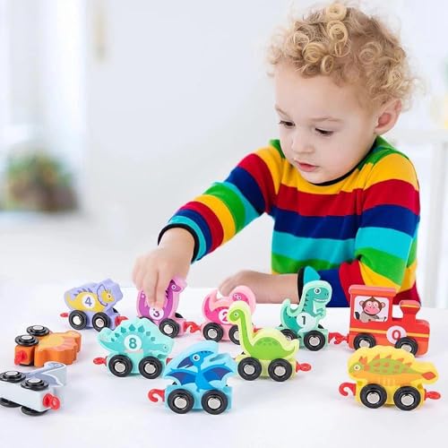Feirdhoo Montessori Baby Spielzeug ab 1 2 3 Jahr, Lernbauernhofzug zum Zählen, Dinosaurier Kinderspielzeug Magnetic Zug Holzspielzeug, Lernspielzeug Geschenk für Junge und Mädchen ab 1 2 3 Jahre von Feirdhoo