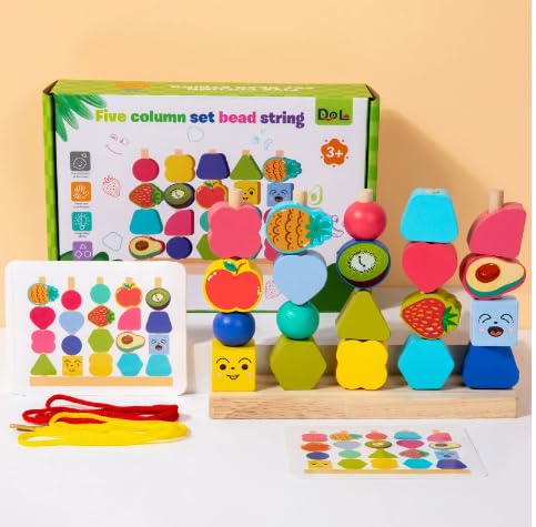 Montessori Spielzeug ab 2 3 4 5 Jahre,Holzspielzeug,Fädelspiel,3-in-1 Motorikspielzeug Fädelspiel Bausteine Sortierspiel für Kinder Stapelspiel Feinmotorik Lernspiele Geschenk für Baby Jungen Mädchen von Feirdhoo