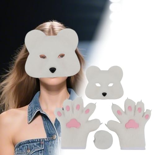 Feizikaw Grusel Maske Halloween-Kostümset mit realistischen Bärenhandschuhen, Schwanz für Cosplay-Anime-Conventions Kostümpartys (White, 25x8cm) von Feizikaw