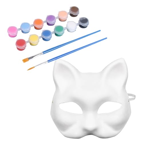 Feizikaw Halloween Maske Dekoration DIY Katze Halloween für Kinder Erwachsene weiße Katze Tier handbemalt Gesicht Tier Party Cosplay Kostüm 10 Stück Pigment Set 3ml (White, 18X17CM) von Feizikaw