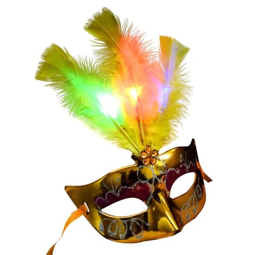 Feizikaw Halloween Maske Dekoration Frauen Party Cosplay Leuchtende Bunte Faser Maskerade Feder Geheimnisvolle (C, 24X17cm) von Feizikaw
