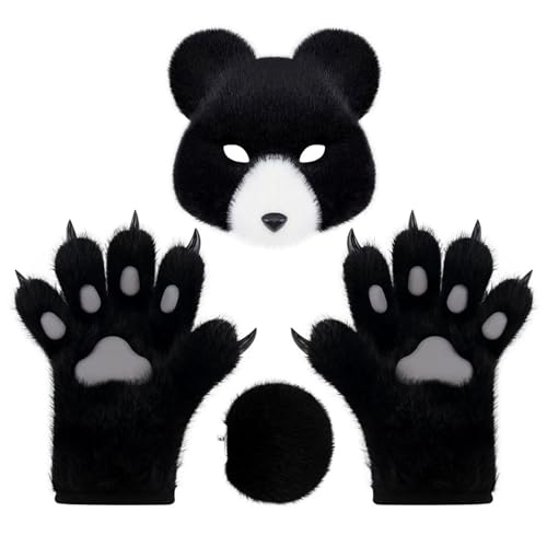Feizikaw Halloween Maske Halloween-Kostümset mit realistischen Bärenhandschuhen, Schwanz für Cosplay-Anime-Conventions Kostümpartys (Black, 25x8cm) von Feizikaw