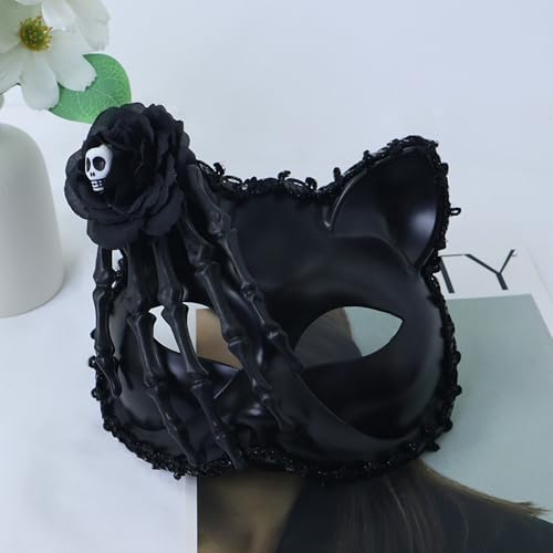 Feizikaw Totenkopf Maske Halbes Skelettgesicht | Maskerade & Halloween-Party-Cosplay | Einzigartiges Rollenspiel-Accessoire (Black, 18x16cm) von Feizikaw