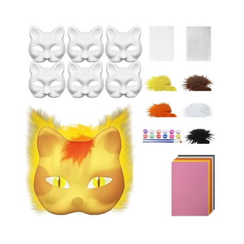 Halloween Maske Erwachsene 6-teiliges Papier-Therian-Katzen-Set in Großpackung, inklusive blanker Katzen-Kunststoffbürste, Kunststoffnetzplatten, leuchtender Farbe und (Yellow, 19X17CM) von Feizikaw