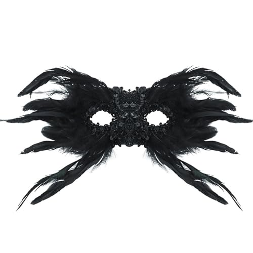 Halloween Masken Gothic Feder mit Strasssteinen Schwarz & Blutrot Maskerade für Halloween Weihnachten (E-Black1, 35x10cm) von Feizikaw